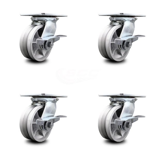 5 Inch Heavy Duty V Groove Semi Steel Caster Set with Ball Bearings and Brakes